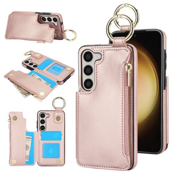 ELEHOLD Case for Samsung Galaxy A14 5G, Magnetic Closure Kickstand Zipper Wallet Case with 3 Card Slots & Ring Holder,Shockproof RFID Blocking Phone Case,Rosegold