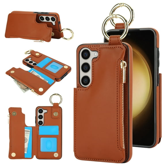 ELEHOLD Case for Samsung Galaxy A14 5G, Magnetic Closure Kickstand Zipper Wallet Case with 3 Card Slots & Ring Holder,Shockproof RFID Blocking Phone Case,Brown