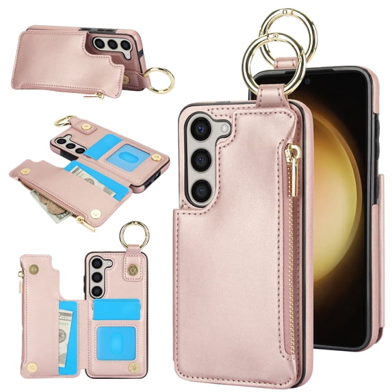 ELEHOLD Case for Samsung Galaxy A54 5G, Magnetic Closure Kickstand Zipper Wallet Case with 3 Card Slots & Ring Holder,Shockproof RFID Blocking Phone Case,Rosegold