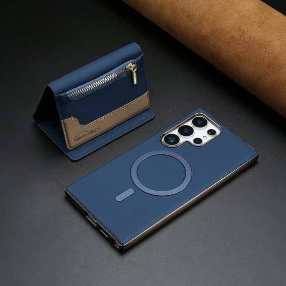 ELEHOLD Case for Samsung Galaxy S21 Ultra, 2-in-1 Detachable Magnetic Zipper Leather Wallet Case with Card Holder, RFID Blocking Folio Flip Cover,Darkblue