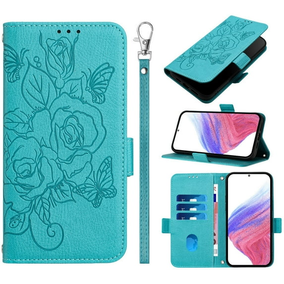 ELEHOLD Case for Samsung Galaxy S23 FE, RFID Blocking Crossbody Wallet Case, Floral PU Leather Flip Cover with Card Slots & Shoulder Strap & Wrist Lanyard,Blue