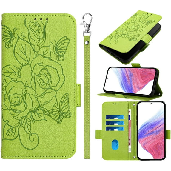 ELEHOLD Case for Samsung Galaxy S23 FE, RFID Blocking Crossbody Wallet Case, Floral PU Leather Flip Cover with Card Slots & Shoulder Strap & Wrist Lanyard,Green