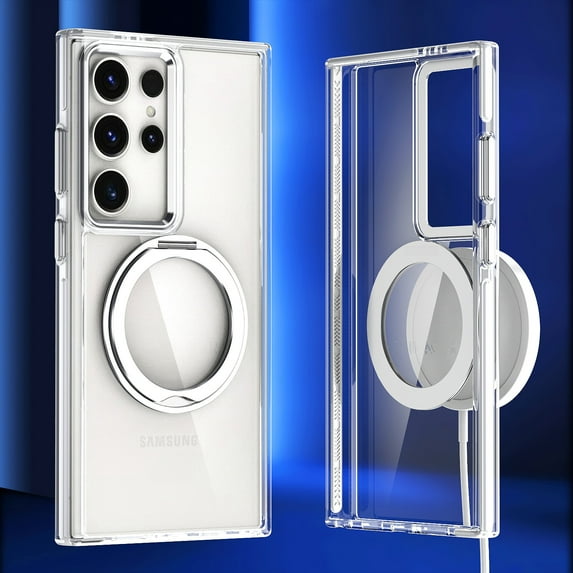 ELEHOLD Case for Samsung Galaxy S23 Plus, Durable TPU Frame Transparent Shockproof Case with 360° Rotating Kickstand, Compatible with MagSafe Accessory,White