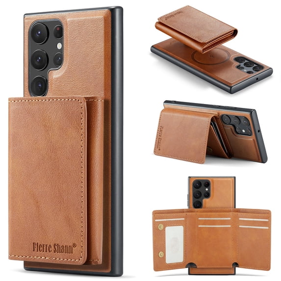 ELEHOLD Case for Samsung Galaxy S23 Ultra, Faux Leather TPU Back Shockproof Anti-Scratch Flip Stand Magnetic Datachable Card Cash Slots Wallet Case, Brown