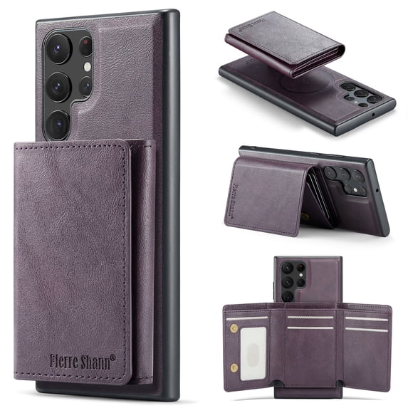 ELEHOLD Case for Samsung Galaxy S23 Ultra, Faux Leather TPU Back Shockproof Anti-Scratch Flip Stand Magnetic Datachable Card Cash Slots Wallet Case, Purple