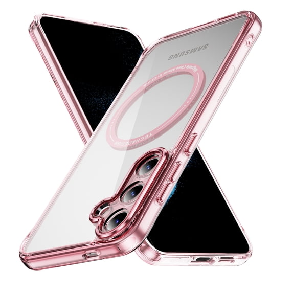 ELEHOLD Case for Samsung Galaxy S24,Compatible with MagSafe Military Protection Full Lens Protector Anti-yellowing Clear Protective Case with Screen Protector for Samsung Galaxy S24,Pink