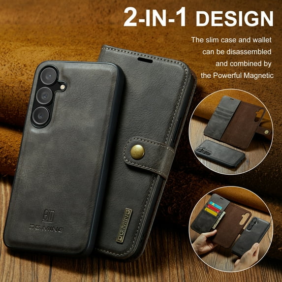 ELEHOLD Case For Samsung Galaxy S24 FE , 2-in-1 Vintage Leather Wallet Case Magnetic Detachable Flip Folio Stand Slim Cover with Card Slots For Samsung Galaxy S24 FE,Gray
