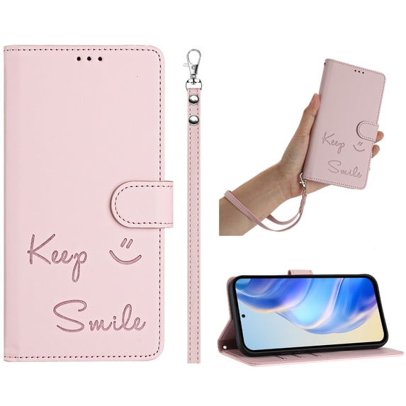 ELEHOLD Case for Samsung Galaxy S24, RFID Blocking Wallet Case with Crossbody Strap & Wristlet, PU Leather Flip Cover with Kickstand & Card Slots,Pink