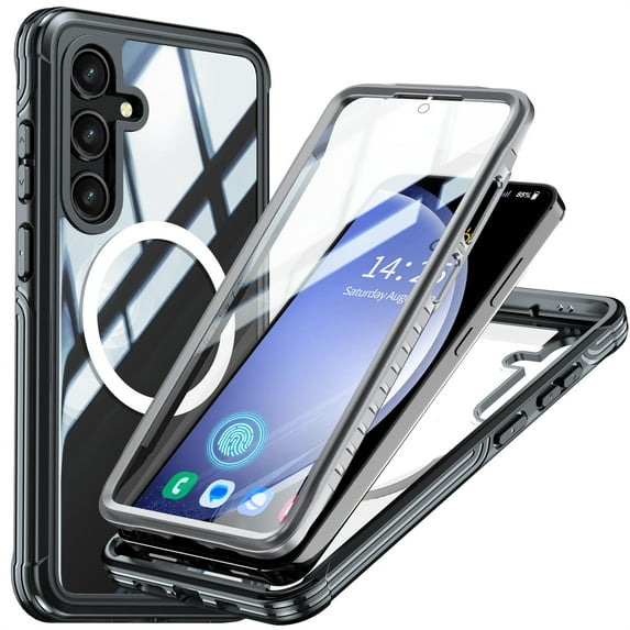 ELEHOLD Case for Samsung Galaxy S25 Crystal Clear Compatible with Mag Safe,Full Body Shockproof Protective Cover with Built-in Tempered Glass Screen Protector,Black