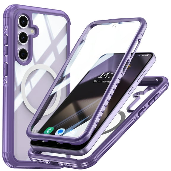 ELEHOLD Case for Samsung Galaxy S25 Crystal Clear Compatible with Mag Safe,Full Body Shockproof Protective Cover with Built-in Tempered Glass Screen Protector,Purple