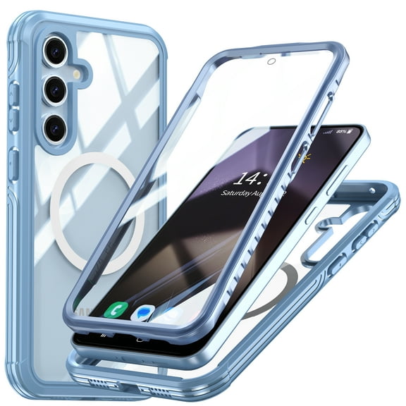 ELEHOLD Case for Samsung Galaxy S25 FE Crystal Clear Compatible with Mag Safe,Full Body Shockproof Protective Cover with Built-in Tempered Glass Screen Protector,Blue