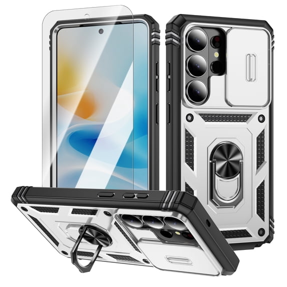 ELEHOLD Case for Samsung Galaxy S26 Ultra, Slide Camera Cover, Rugged Shockproof Case with 360° Ring Kickstand, Tempered Glass Screen Protector Included,A