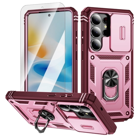 ELEHOLD Case for Samsung Galaxy S26 Ultra, Slide Camera Cover, Rugged Shockproof Case with 360° Ring Kickstand, Tempered Glass Screen Protector Included,B