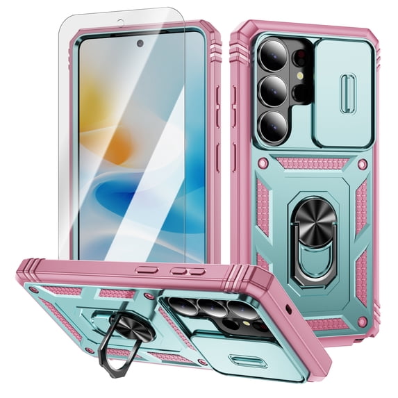 ELEHOLD Case for Samsung Galaxy S26 Ultra, Slide Camera Cover, Rugged Shockproof Case with 360° Ring Kickstand, Tempered Glass Screen Protector Included,F