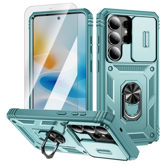 ELEHOLD Case for Samsung Galaxy S26 Ultra, Slide Camera Cover, Rugged Shockproof Case with 360° Ring Kickstand, Tempered Glass Screen Protector Included,G