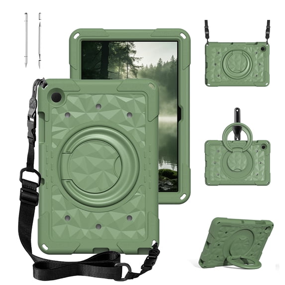 ELEHOLD Case for Samsung Galaxy Tab A11+/A9 plus, Shockproof Case with 360° Rotating Ring Stand and Shoulder Strap, EVA Soft Edges, 3-in-1 Stylus Pen Included,Armygreen
