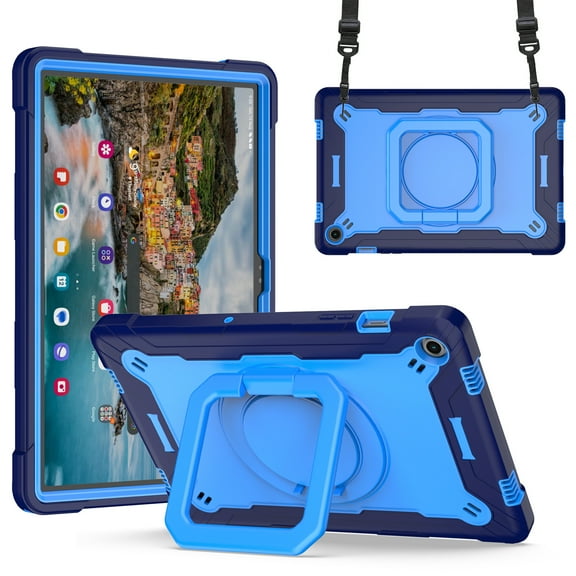 ELEHOLD Case for Samsung Galaxy Tab A9 Plus 11 Inch (SM-X210/X215/X216/X218) with 360° Rotating Handle Grip Kickstand Crossbody Shoulder Strap for Kids Children Adults Shockproof Cover,Navy+Blue
