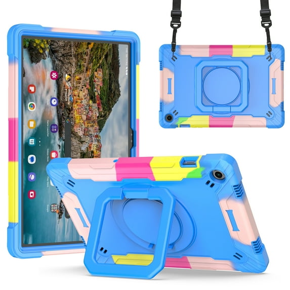 ELEHOLD Case for Samsung Galaxy Tab A9 Plus 11 Inch (SM-X210/X215/X216/X218) with 360° Rotating Handle Grip Kickstand Crossbody Shoulder Strap for Kids Children Adults Shockproof Cover,Rainbow Blue