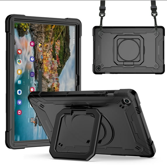 ELEHOLD Case for Samsung Galaxy Tab A9 Plus 11 Inch (SM-X210/X215/X216/X218) with 360° Rotating Handle Grip Kickstand Crossbody Shoulder Strap for Kids Children Adults Shockproof Cover,Black