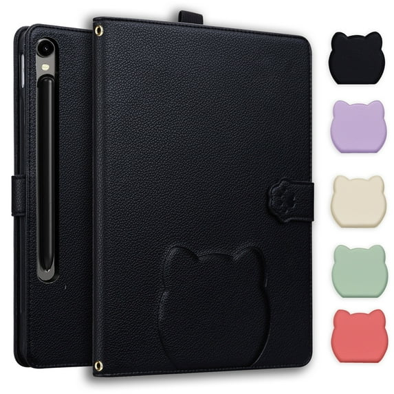 ELEHOLD Case for Samsung Galaxy Tab S10 FE+ / S10 FE Plus, 13.1 inch, TPU+ PU Leather Cute Kitten Shockproof Magnetic Flip Kickstand Multi-Angle Card Slot Protective Case Cover, Black
