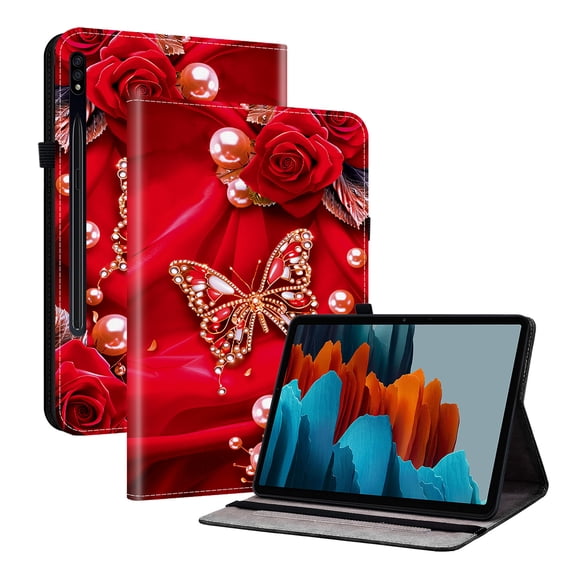 ELEHOLD Case For Samsung Galaxy Tab S9/S8/S7 11-inch, Stylish Pattern Shockproof PU Leather Kickstand Magnetic Slim Shockproof Case With Card Slots,Red