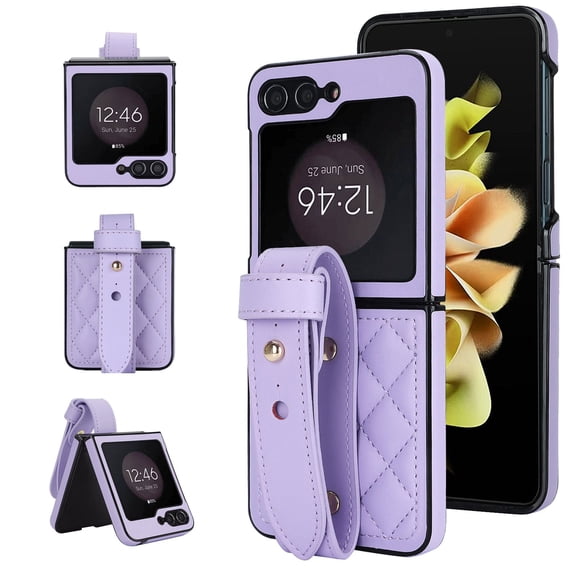 ELEHOLD Case for Samsung Galaxy Z Flip 4, Luxury Soft PU Leather Rugged Case with Wrist Strap, Ultra Thin Protection Cover for Samsung Galaxy Z Flip 4,Purple