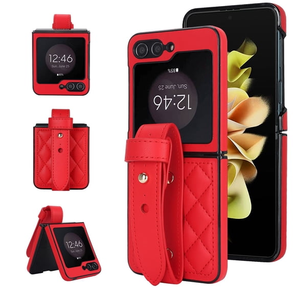 ELEHOLD Case for Samsung Galaxy Z Flip 4, Luxury Soft PU Leather Rugged Case with Wrist Strap, Ultra Thin Protection Cover for Samsung Galaxy Z Flip 4,Red