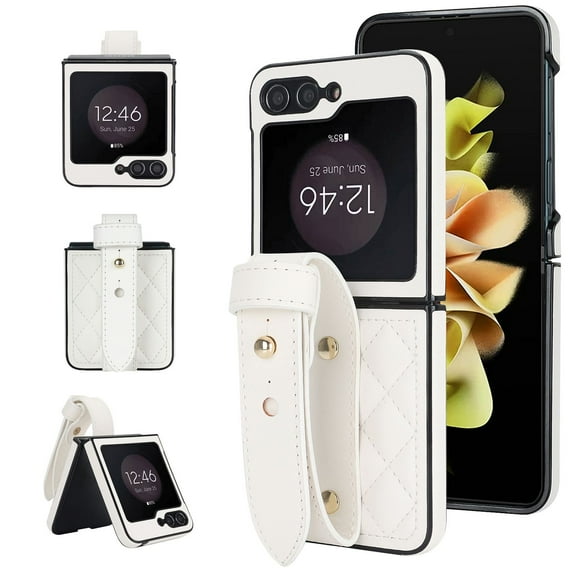 ELEHOLD Case for Samsung Galaxy Z Flip 4, Luxury Soft PU Leather Rugged Case with Wrist Strap, Ultra Thin Protection Cover for Samsung Galaxy Z Flip 4,White
