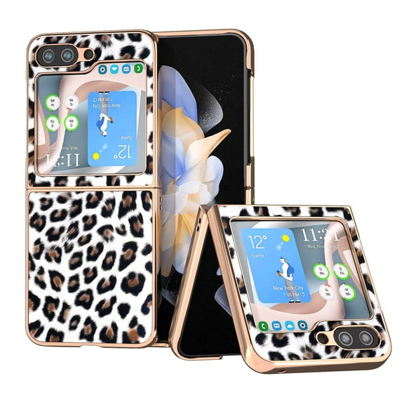 ELEHOLD Case for Samsung Galaxy Z Flip 5 2023, Slim Fashion Design Luxury Leopard Print PU Leather Plating TPU Shockproof Phone Case for Samsung Galaxy Z Flip 5 5G, Silver Leopard