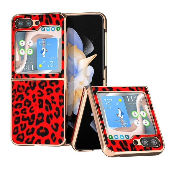 ELEHOLD Case for Samsung Galaxy Z Flip 5 2023, Slim Fashion Design Luxury Leopard Print PU Leather Plating TPU Shockproof Phone Case for Samsung Galaxy Z Flip 5 5G,Red Leopard