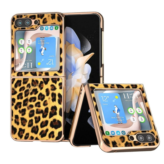 ELEHOLD Case for Samsung Galaxy Z Flip 5 2023, Slim Fashion Design Luxury Leopard Print PU Leather Plating TPU Shockproof Phone Case for Samsung Galaxy Z Flip 5 5G,Gold Leopard