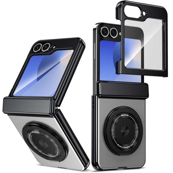ELEHOLD Case for Samsung Galaxy Z Flip 5, Soft TPU and Hard PC Hinge Protection Case with Magnetic Rotatable Metal Ring Holder & Screen Protector,Gray