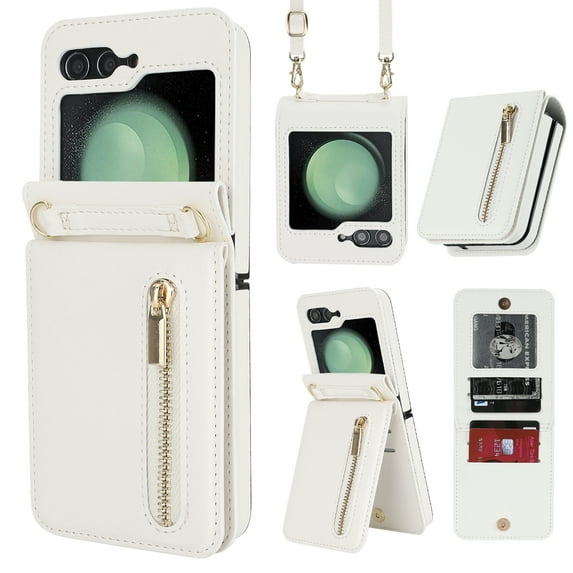ELEHOLD Case for Samsung Galaxy Z Flip 6, Luxury Zipper Leather Card Holder Kickstand Flip Protective Phone Case with Adjustable Crossbody Strap for Samsung Galaxy Z Flip 6,White