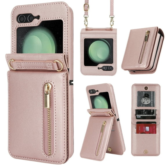 ELEHOLD Case for Samsung Galaxy Z Flip 6, Luxury Zipper Leather Card Holder Kickstand Flip Protective Phone Case with Adjustable Crossbody Strap for Samsung Galaxy Z Flip 6,Rosegold