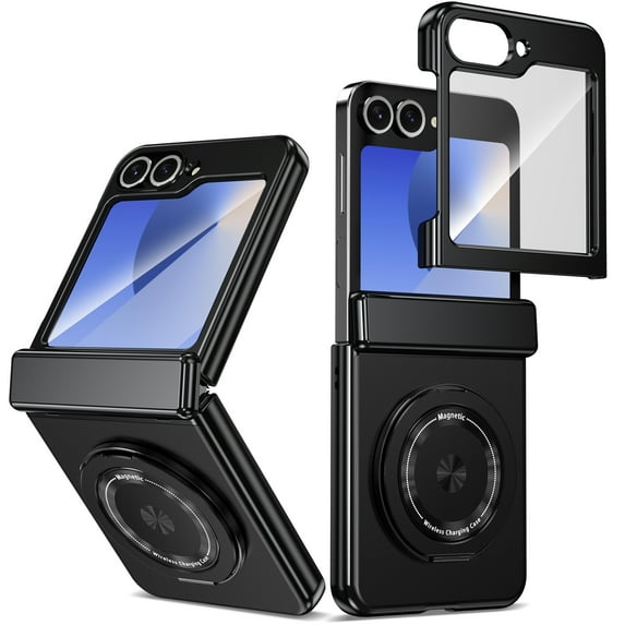 ELEHOLD Case for Samsung Galaxy Z Flip 6, Soft TPU and Hard PC Hinge Protection Case with Magnetic Rotatable Metal Ring Holder & Screen Protector,Black