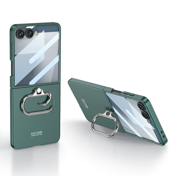 ELEHOLD Case for Samsung Galaxy Z Flip 7 2025 with 360° Ring Kickstand,Slim Lightweight Non-Slip Shockproof Protective Rugged Cover with Tempered Glass Screen Protector ,Darkgreen