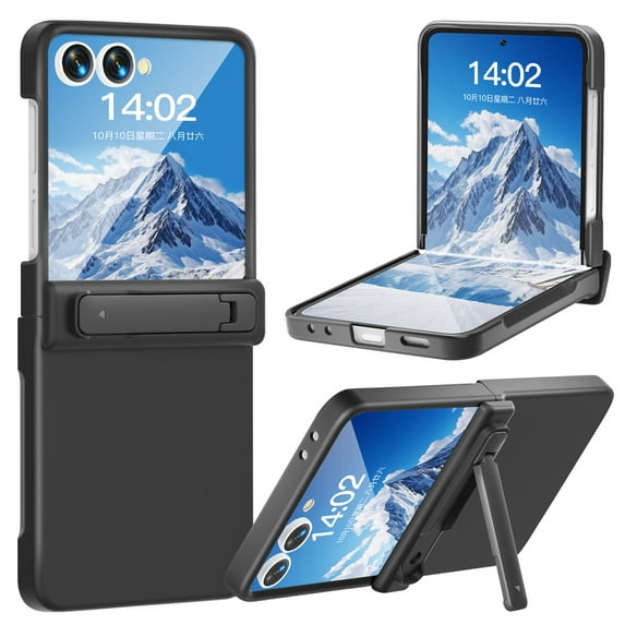 ELEHOLD Case for Samsung Galaxy Z Flip 7 with Kickstand, Built-in Screen Protector, Rugged Plastic Lightweight Foldable Stand Shockproof Case Hinge Cover,Black