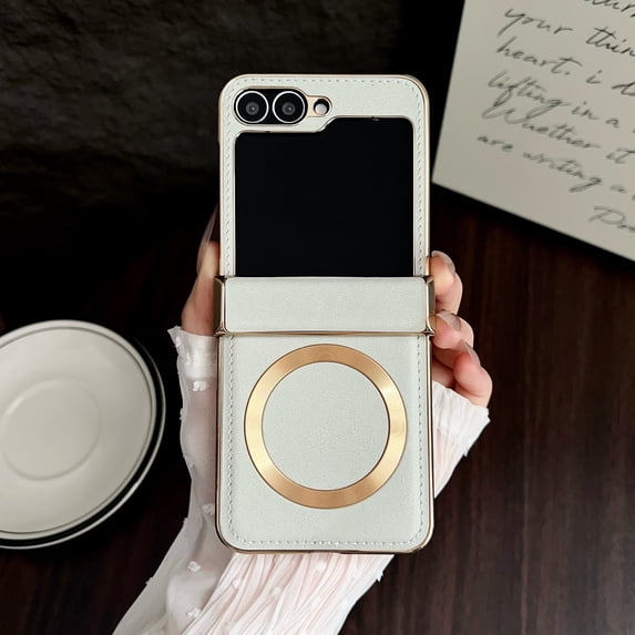 ELEHOLD Case for Samsung Galaxy Z Flip 7, Luxury Plating Shockproof Leather Wireless Charging Compatible Anti-Scratch Protective Case Cover with Hing Protection Cover,White