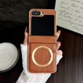 thumbnail image 1 of ELEHOLD Case for Samsung Galaxy Z Flip 7, Luxury Plating Shockproof Leather Wireless Charging Compatible Anti-Scratch Protective Case Cover with Hing Protection Cover,Brown, 1 of 11