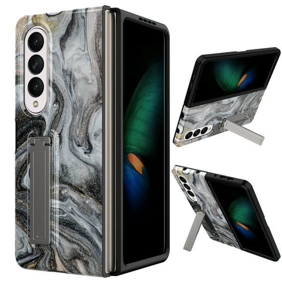 ELEHOLD Case for Samsung Galaxy Z Fold 4 with Built-in Screen Protector, Marble Pattern Hybrid Rugged Case with Kickstand for Samsung Galaxy Z Fold4, Black