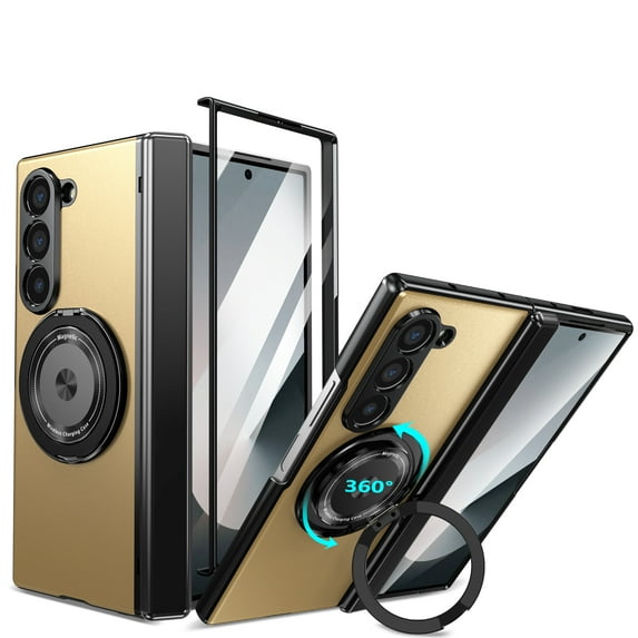 ELEHOLD Case for Samsung Galaxy Z Fold 4, Soft TPU and Hard PC Hinge Protection Case with Magnetic Rotatable Metal Ring Holder & Screen Protector,Gold