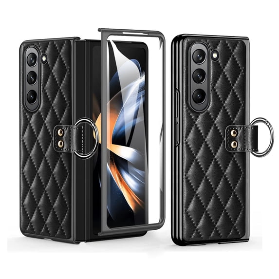 ELEHOLD Case for Samsung Galaxy Z Fold 5 5G 2023, Luxury PU Leather Case with Ring Holder Stand Slim Shockproof Shell Anti-Fingerprint Rugged Protective Cover,Black