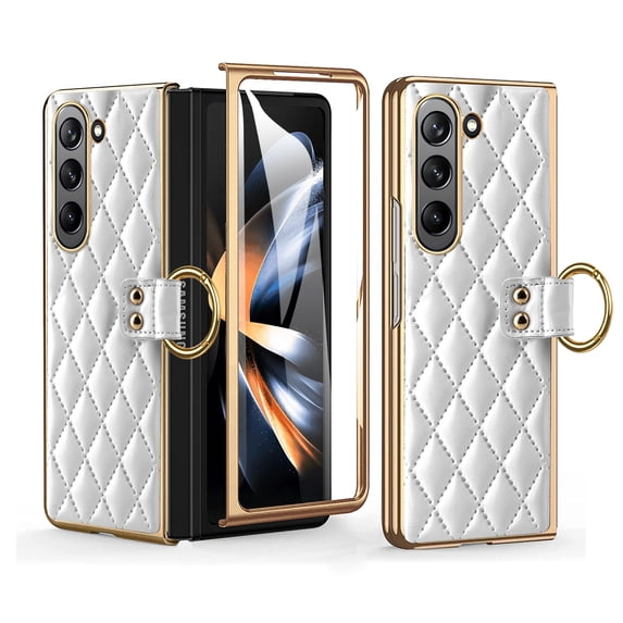 ELEHOLD Case for Samsung Galaxy Z Fold 5 5G 2023, Luxury PU Leather Case with Ring Holder Stand Slim Shockproof Shell Anti-Fingerprint Rugged Protective Cover,White