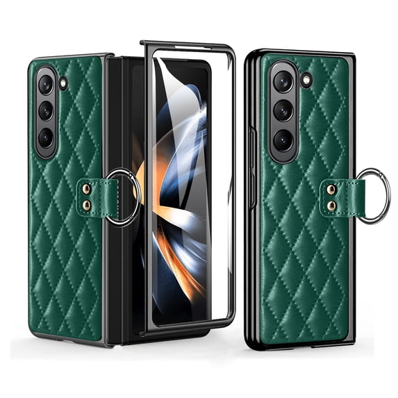 ELEHOLD Case for Samsung Galaxy Z Fold 5 5G 2023, Luxury PU Leather Case with Ring Holder Stand Slim Shockproof Shell Anti-Fingerprint Rugged Protective Cover,Darkgreen