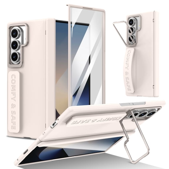 ELEHOLD Case For Samsung Galaxy Z Fold 5 with Kickstand, Shock-Absorbent Hand Strap Rugged Lightweight Protective Shell with Tempered Glass & Magnetic Hinge,Apricot