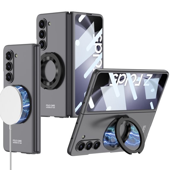 ELEHOLD Case for Samsung Galaxy Z Fold 5, Magnetic Kickstand Ultra Thin Rugged PC Full Protective Cover with Front Screen Protector & Ring Holder,Gray