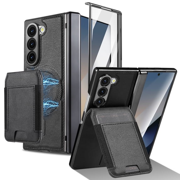 ELEHOLD Case for Samsung Galaxy Z Fold 5 with Screen Protector, Rugged Plastic Faux Leather Spring Hinge Cover Magnetic Datachable Card Cash Slot Flip Kickstand Shockproof Wallet Case,Black
