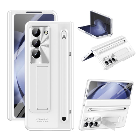 ELEHOLD Case Samsung Galaxy Z Fold 6,Case with Pen & Pen Holder with Kickstand & Hinge Protection,Protective Case Cover with Screen Protector,White