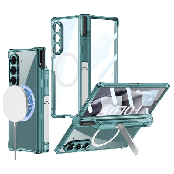 ELEHOLD Case for Samsung Galaxy Z Fold 6, Clear Magnetic Screen Protector Case Wireless Charging PC Protective Case with Kickstand & S Pen Holder,Green