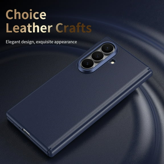ELEHOLD Case for Samsung Galaxy Z Fold 6, Leather Shockproof Hinge Protection Phone Case with Built-In Screen Protector, NFC Smart Control Button,Blue